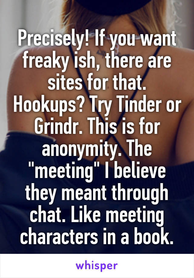 Precisely! If you want freaky ish, there are sites for that. Hookups? Try Tinder or Grindr. This is for anonymity. The "meeting" I believe they meant through chat. Like meeting characters in a book.