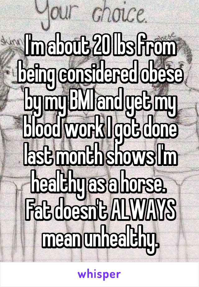 I'm about 20 lbs from being considered obese by my BMI and yet my blood work I got done last month shows I'm healthy as a horse. 
Fat doesn't ALWAYS mean unhealthy.