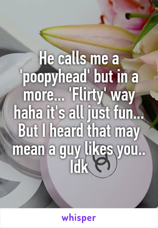 He calls me a 'poopyhead' but in a more... 'Flirty' way haha it's all just fun... But I heard that may mean a guy likes you.. Idk