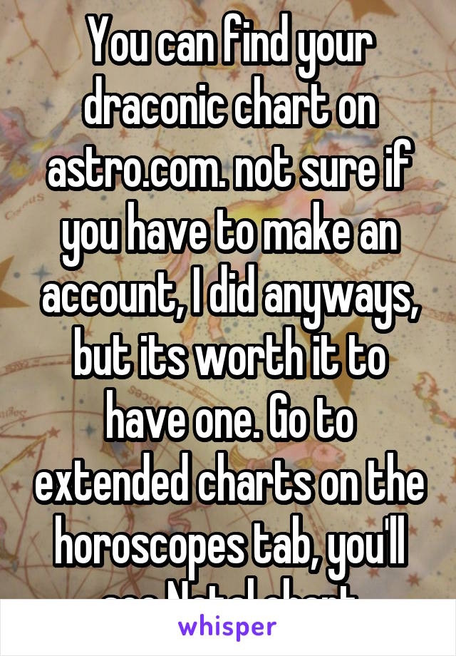 You can find your draconic chart on astro.com. not sure if you have to make an account, I did anyways, but its worth it to have one. Go to extended charts on the horoscopes tab, you'll see Natal chart