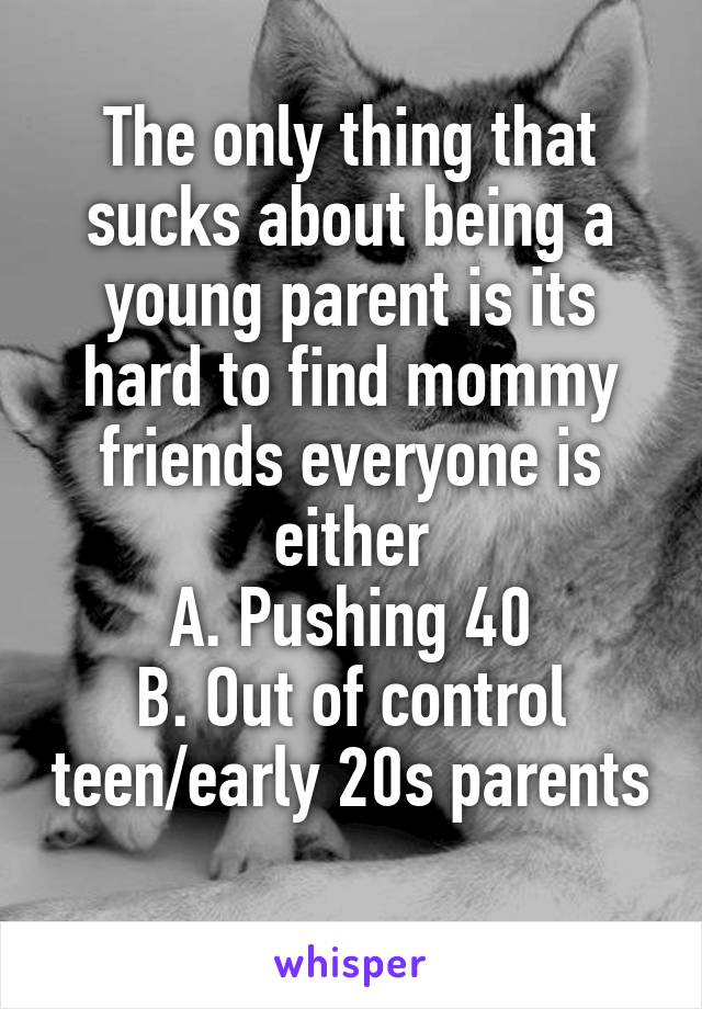 The only thing that sucks about being a young parent is its hard to find mommy friends everyone is either
 A. Pushing 40 
B. Out of control teen/early 20s parents
