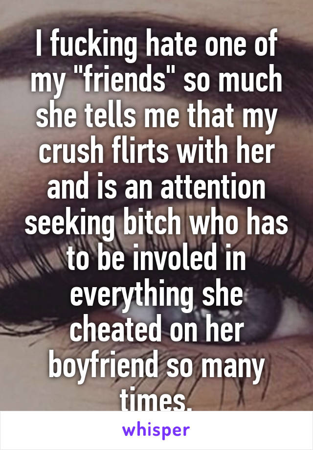 I fucking hate one of my "friends" so much she tells me that my crush flirts with her and is an attention seeking bitch who has to be involed in everything she cheated on her boyfriend so many times.