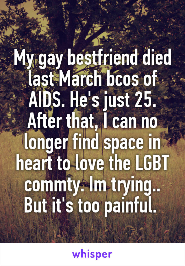 My gay bestfriend died last March bcos of AIDS. He's just 25. After that, I can no longer find space in heart to love the LGBT commty. Im trying.. But it's too painful. 