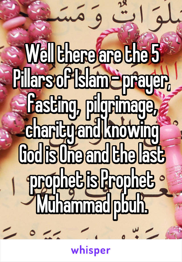 Well there are the 5 Pillars of Islam - prayer, fasting,  pilgrimage, charity and knowing God is One and the last prophet is Prophet Muhammad pbuh.