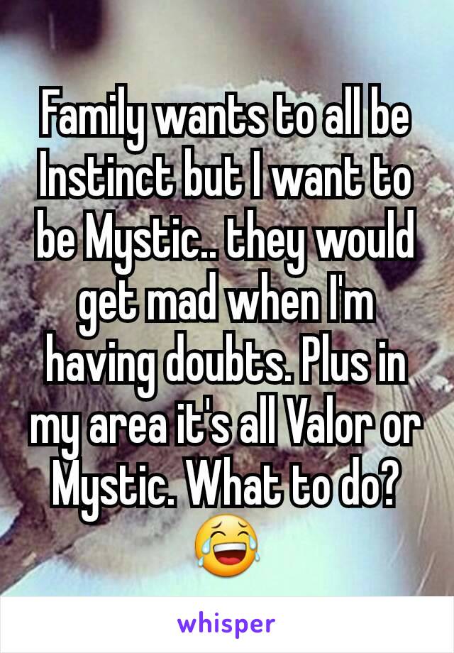 Family wants to all be Instinct but I want to be Mystic.. they would get mad when I'm having doubts. Plus in my area it's all Valor or Mystic. What to do?
😂