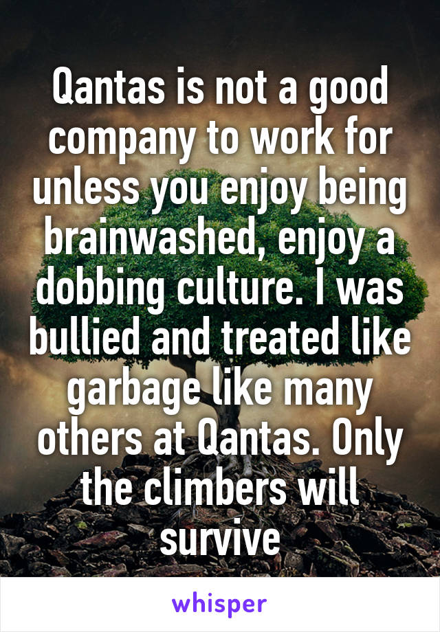 Qantas is not a good company to work for unless you enjoy being brainwashed, enjoy a dobbing culture. I was bullied and treated like garbage like many others at Qantas. Only the climbers will survive