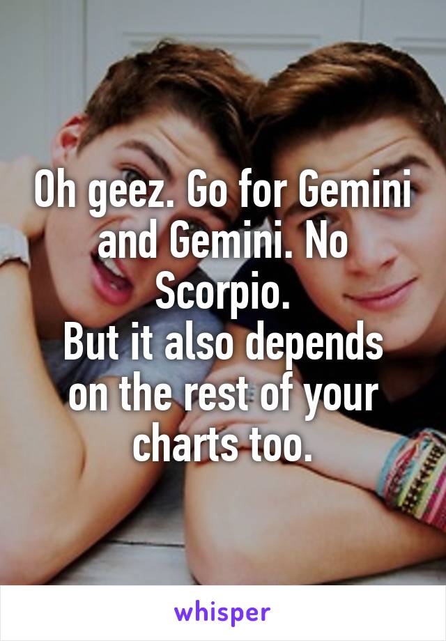 Oh geez. Go for Gemini and Gemini. No Scorpio.
But it also depends on the rest of your charts too.