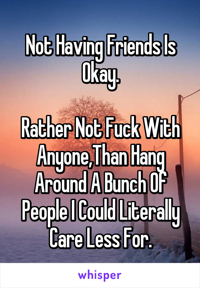 Not Having Friends Is Okay.

Rather Not Fuck With Anyone,Than Hang Around A Bunch Of People I Could Literally Care Less For.