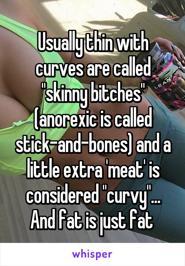 Usually thin with curves are called "skinny bitches" (anorexic is called stick-and-bones) and a little extra 'meat' is considered "curvy"... And fat is just fat 