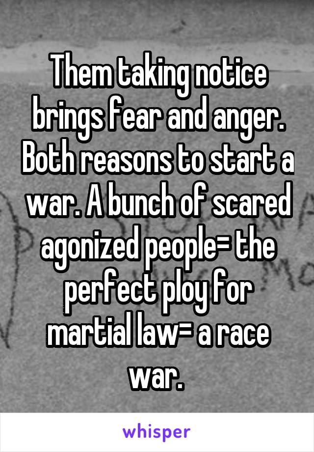 Them taking notice brings fear and anger. Both reasons to start a war. A bunch of scared agonized people= the perfect ploy for martial law= a race war. 