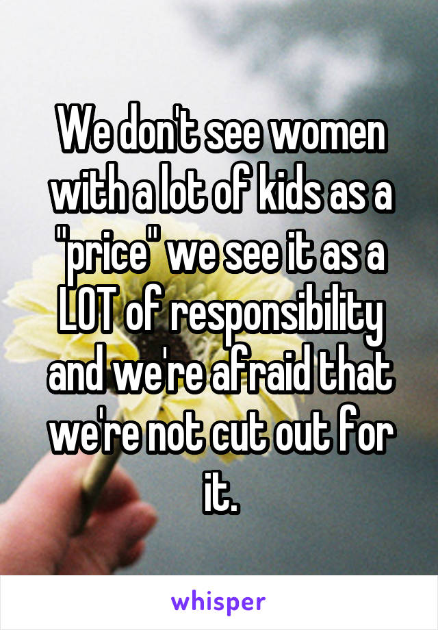 We don't see women with a lot of kids as a "price" we see it as a LOT of responsibility and we're afraid that we're not cut out for it.