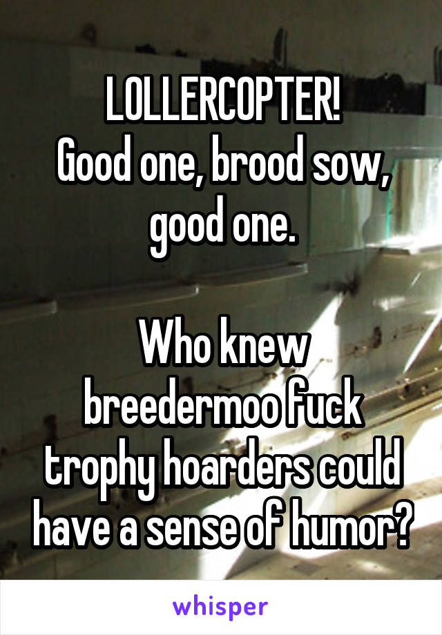 LOLLERCOPTER!
Good one, brood sow, good one.

Who knew breedermoo fuck trophy hoarders could have a sense of humor?