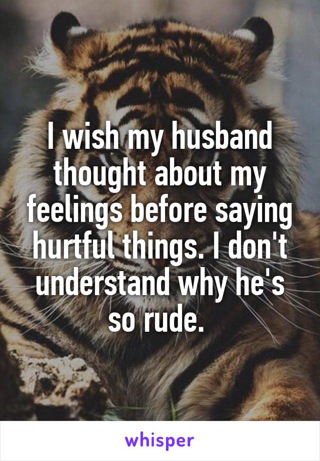 I wish my husband thought about my feelings before saying hurtful things. I don't understand why he's so rude. 