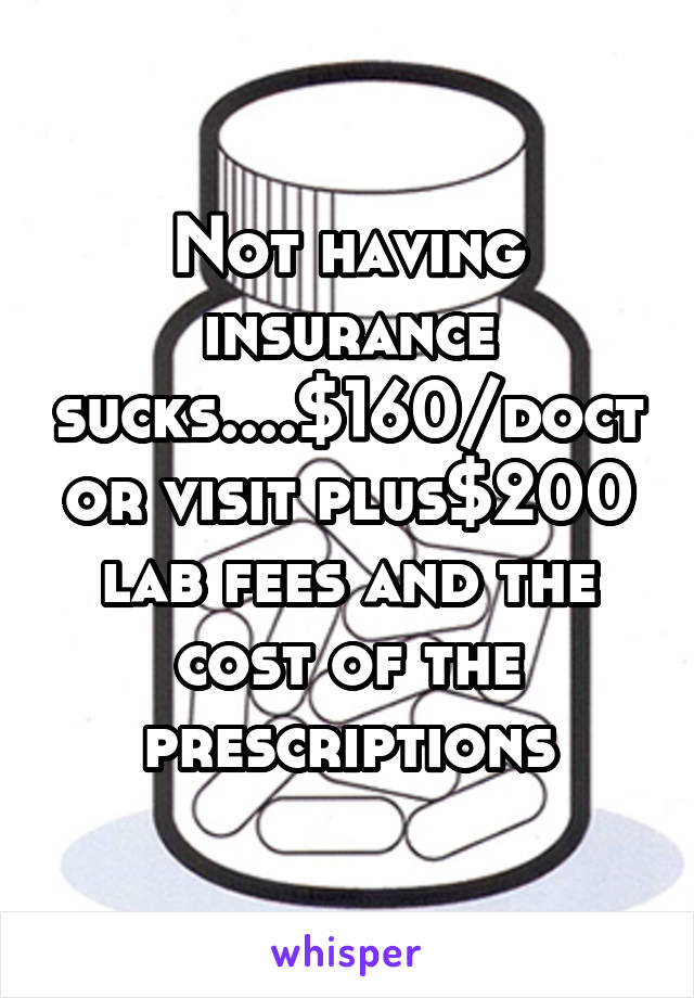 Not having insurance sucks....$160/doctor visit plus$200 lab fees and the cost of the prescriptions