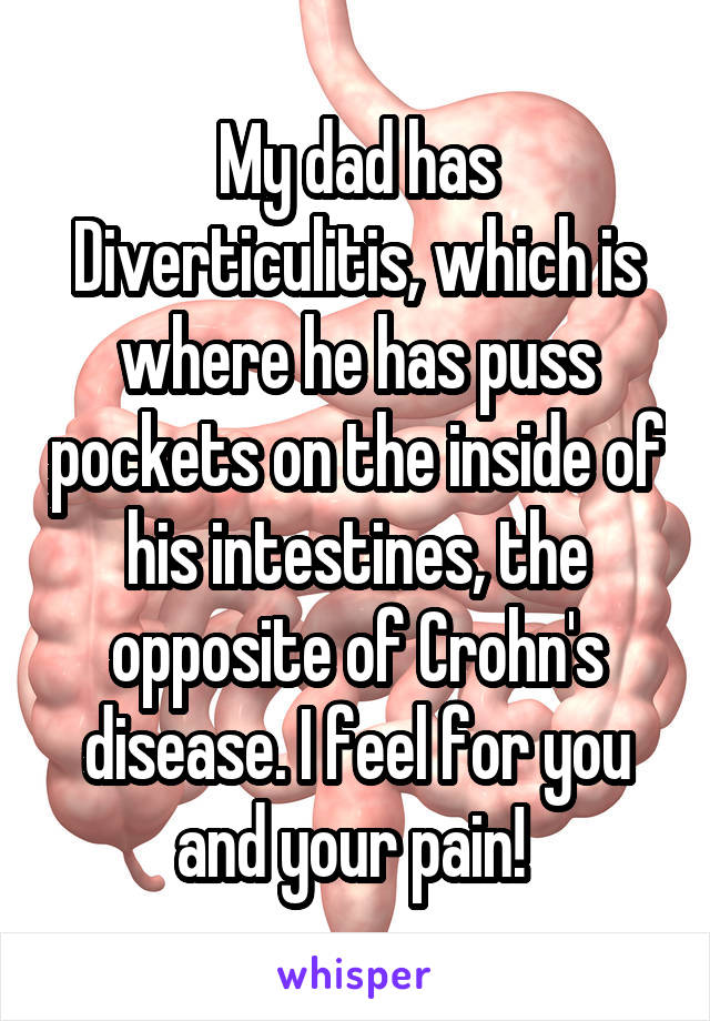My dad has Diverticulitis, which is where he has puss pockets on the inside of his intestines, the opposite of Crohn's disease. I feel for you and your pain! 