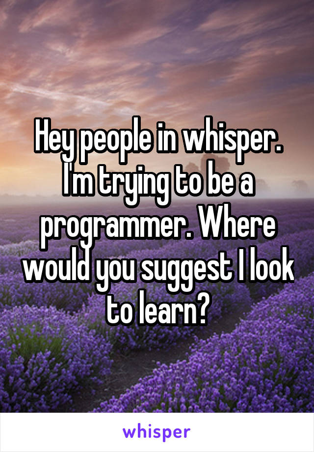 Hey people in whisper. I'm trying to be a programmer. Where would you suggest I look to learn?