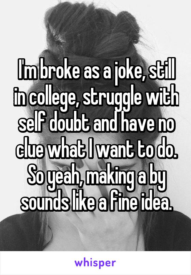 I'm broke as a joke, still in college, struggle with self doubt and have no clue what I want to do. So yeah, making a by sounds like a fine idea.