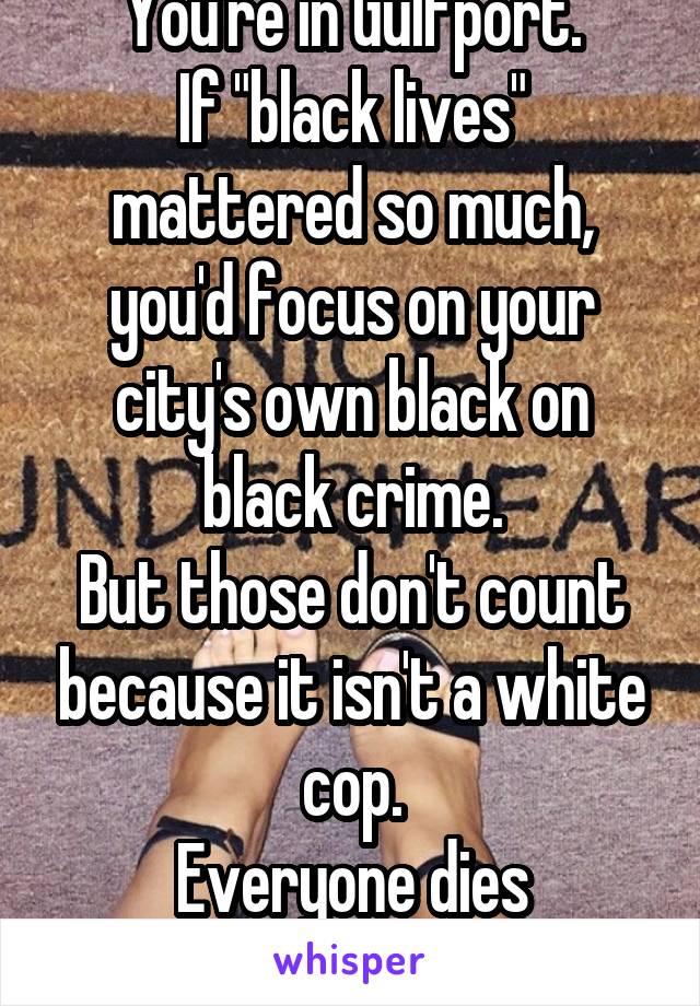 You're in Gulfport.
If "black lives" mattered so much, you'd focus on your city's own black on black crime.
But those don't count because it isn't a white cop.
Everyone dies anyways