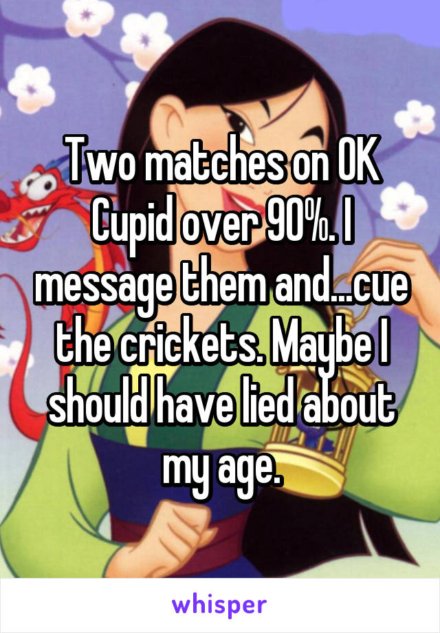 Two matches on OK Cupid over 90%. I message them and...cue the crickets. Maybe I should have lied about my age.