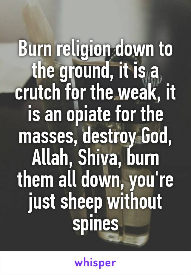 Burn religion down to the ground, it is a crutch for the weak, it is an opiate for the masses, destroy God, Allah, Shiva, burn them all down, you're just sheep without spines
