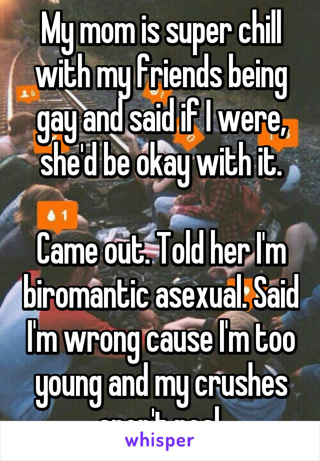 My mom is super chill with my friends being gay and said if I were, she'd be okay with it.

Came out. Told her I'm biromantic asexual. Said I'm wrong cause I'm too young and my crushes aren't real.