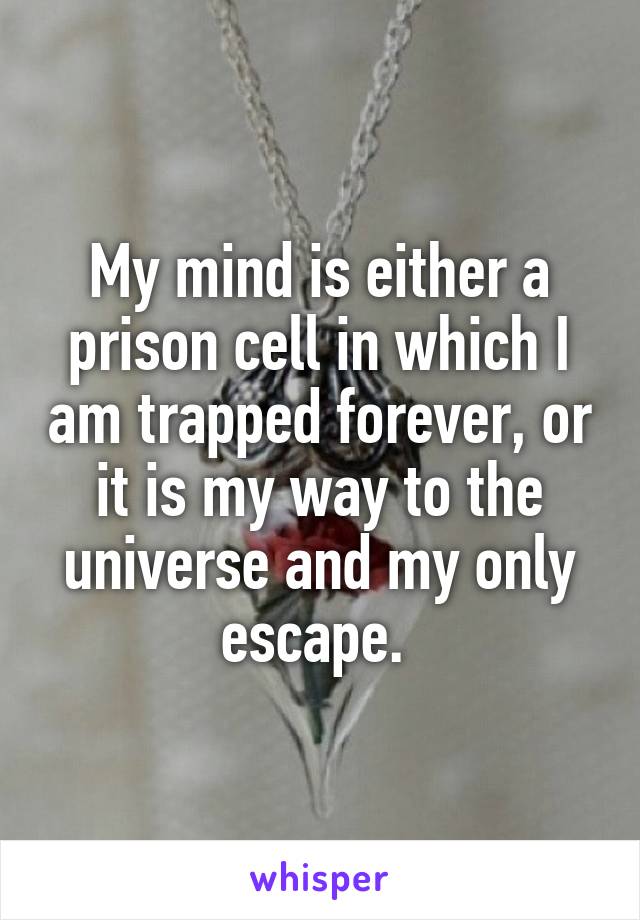 My mind is either a prison cell in which I am trapped forever, or it is my way to the universe and my only escape. 