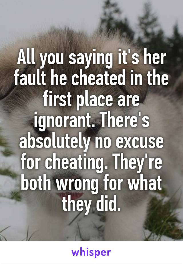 All you saying it's her fault he cheated in the first place are ignorant. There's absolutely no excuse for cheating. They're both wrong for what they did.