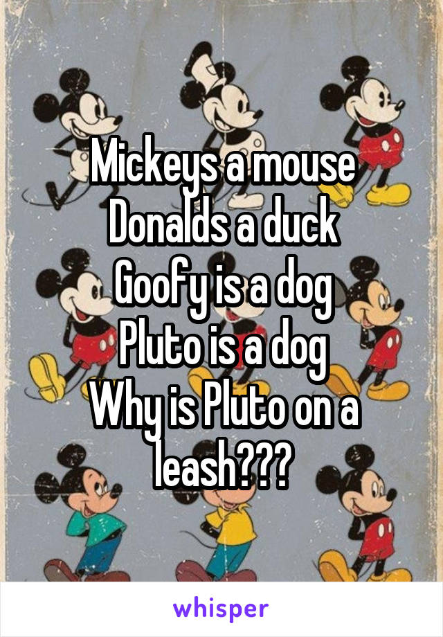 Mickeys a mouse
Donalds a duck
Goofy is a dog
Pluto is a dog
Why is Pluto on a leash???
