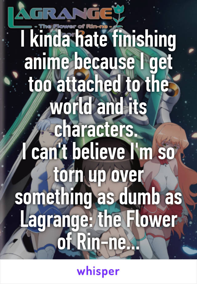 I kinda hate finishing anime because I get too attached to the world and its characters. 
I can't believe I'm so torn up over something as dumb as Lagrange: the Flower of Rin-ne...