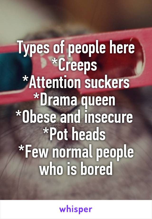 Types of people here
*Creeps 
*Attention suckers
*Drama queen 
*Obese and insecure 
*Pot heads 
*Few normal people who is bored