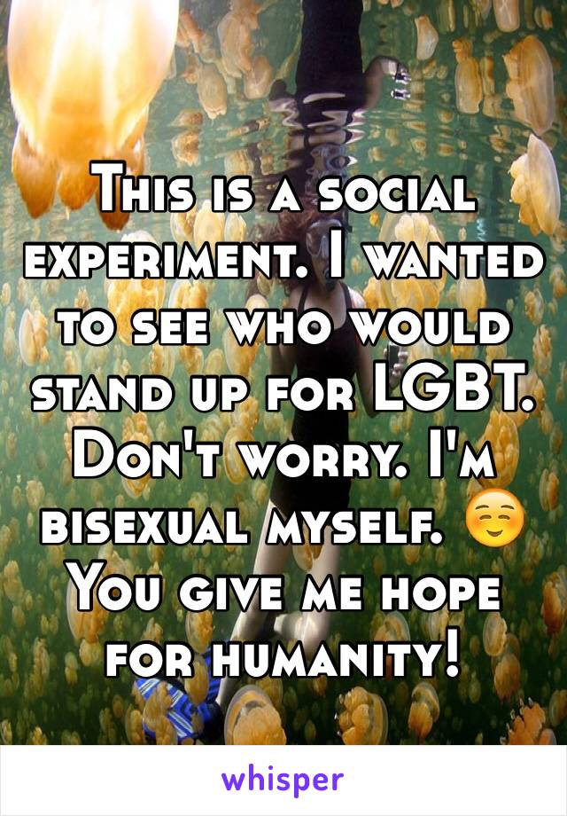 This is a social experiment. I wanted to see who would stand up for LGBT. Don't worry. I'm bisexual myself. ☺️ You give me hope for humanity!