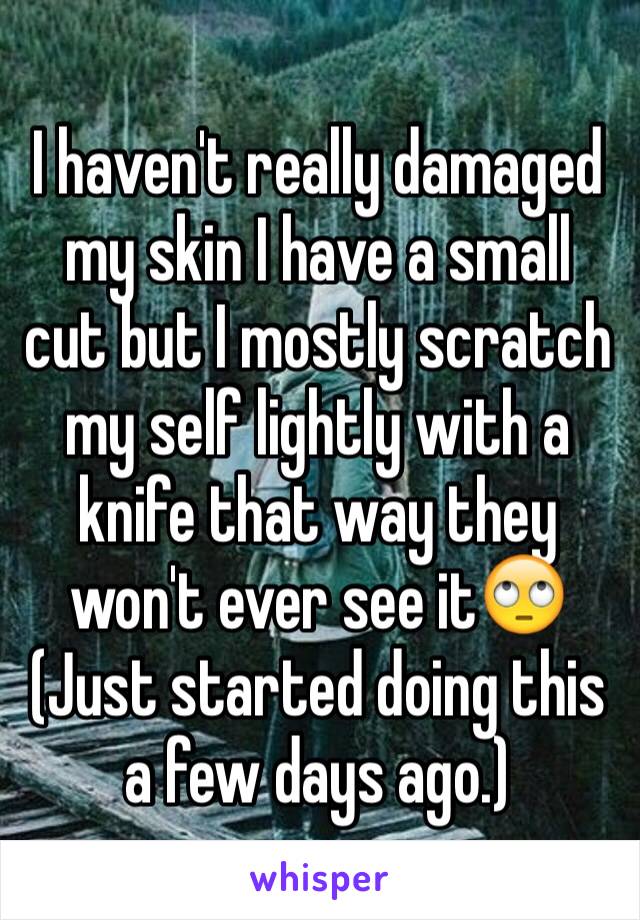 I haven't really damaged my skin I have a small cut but I mostly scratch my self lightly with a knife that way they won't ever see it🙄
(Just started doing this a few days ago.)