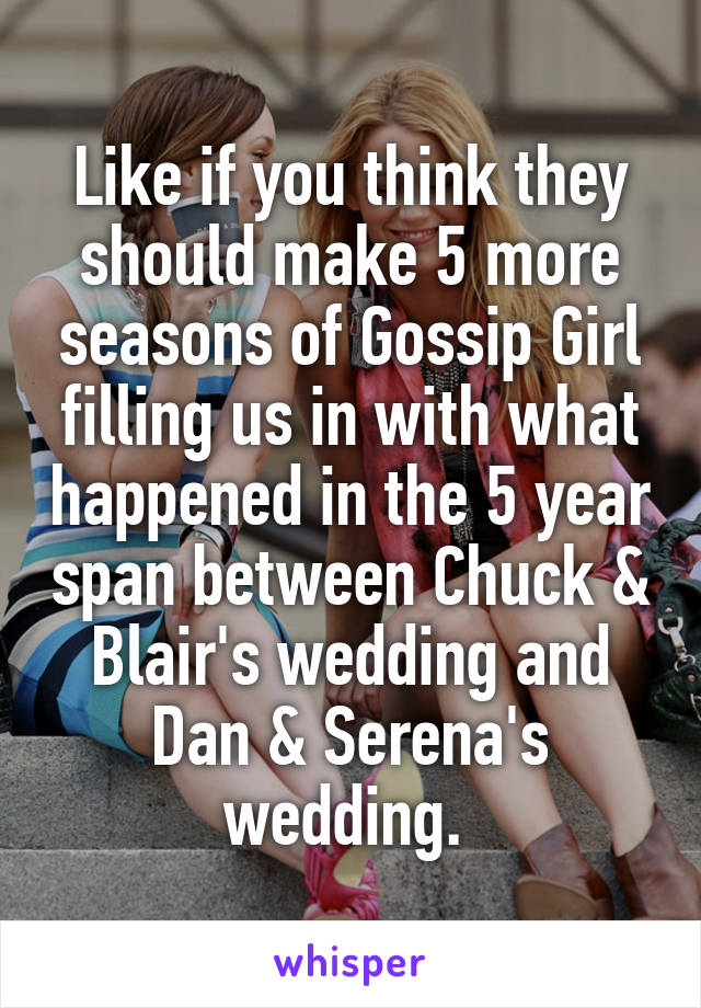 Like if you think they should make 5 more seasons of Gossip Girl filling us in with what happened in the 5 year span between Chuck & Blair's wedding and Dan & Serena's wedding. 