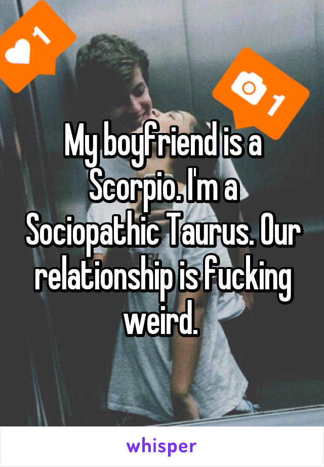 My boyfriend is a Scorpio. I'm a Sociopathic Taurus. Our relationship is fucking weird. 