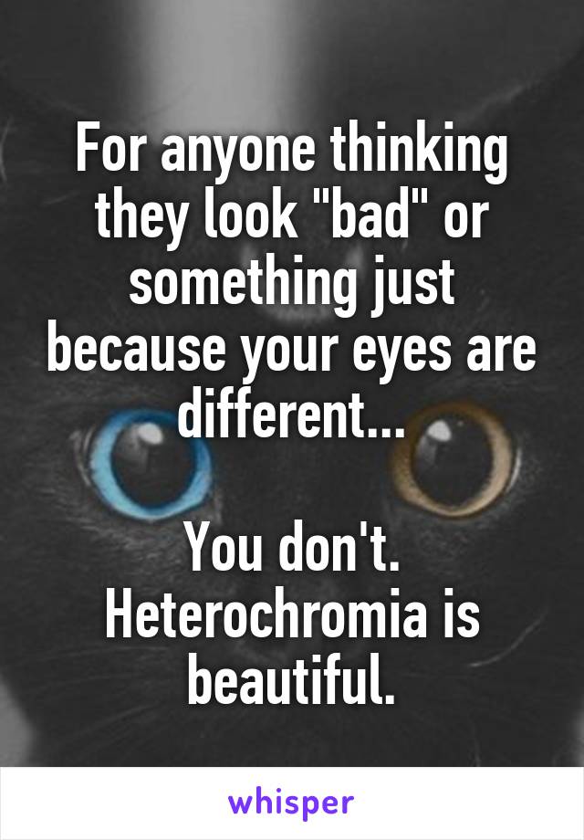 For anyone thinking they look "bad" or something just because your eyes are different...

You don't. Heterochromia is beautiful.