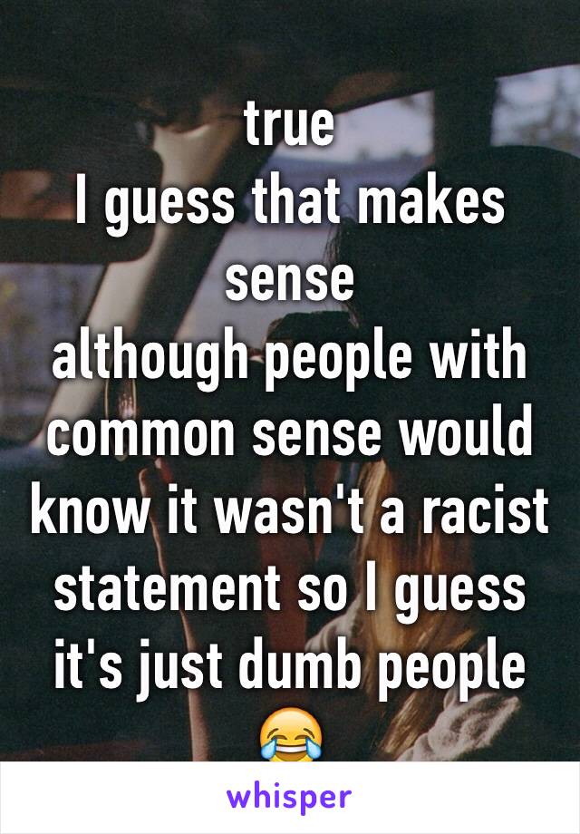 true
I guess that makes sense
although people with common sense would know it wasn't a racist statement so I guess it's just dumb people 😂
