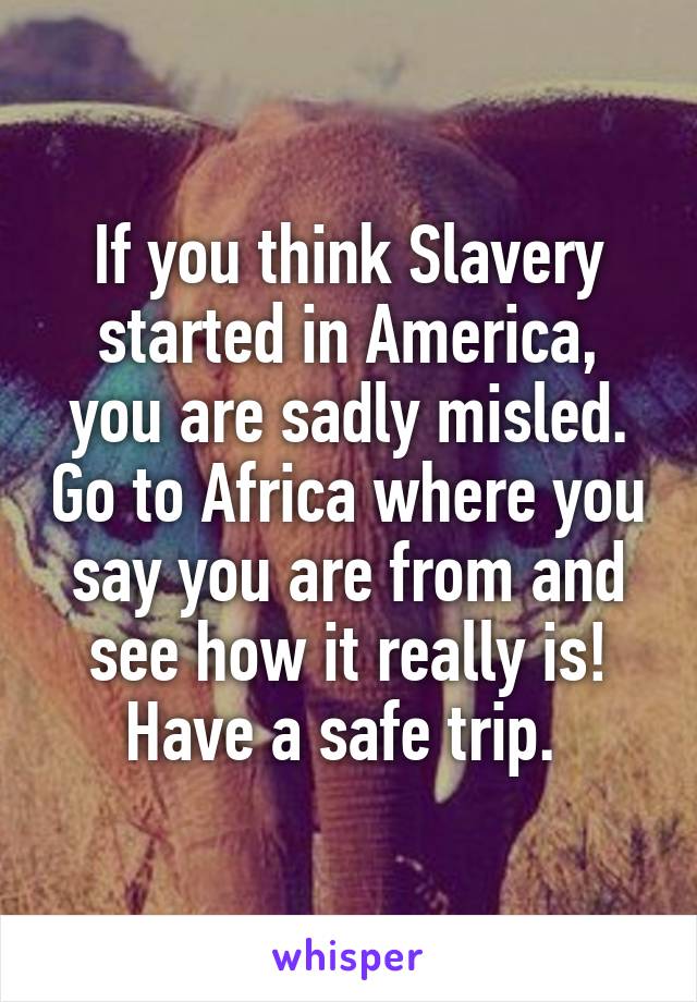 If you think Slavery started in America, you are sadly misled. Go to Africa where you say you are from and see how it really is! Have a safe trip. 