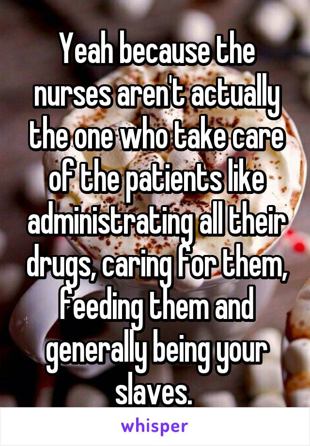 Yeah because the nurses aren't actually the one who take care of the patients like administrating all their drugs, caring for them, feeding them and generally being your slaves. 