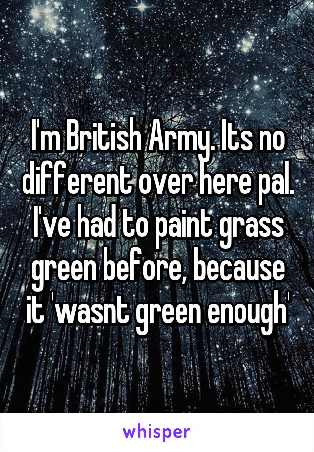 I'm British Army. Its no different over here pal. I've had to paint grass green before, because it 'wasnt green enough'