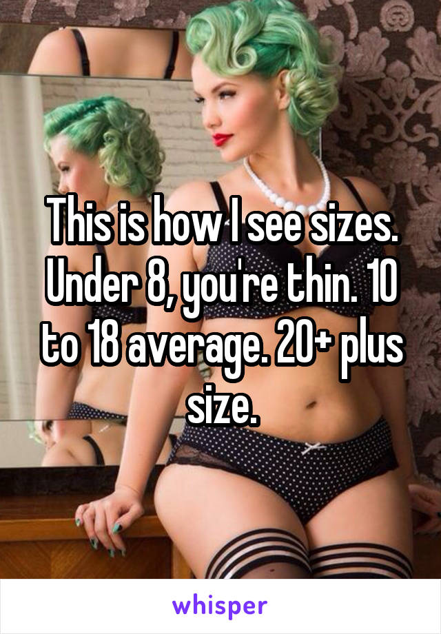 This is how I see sizes. Under 8, you're thin. 10 to 18 average. 20+ plus size.