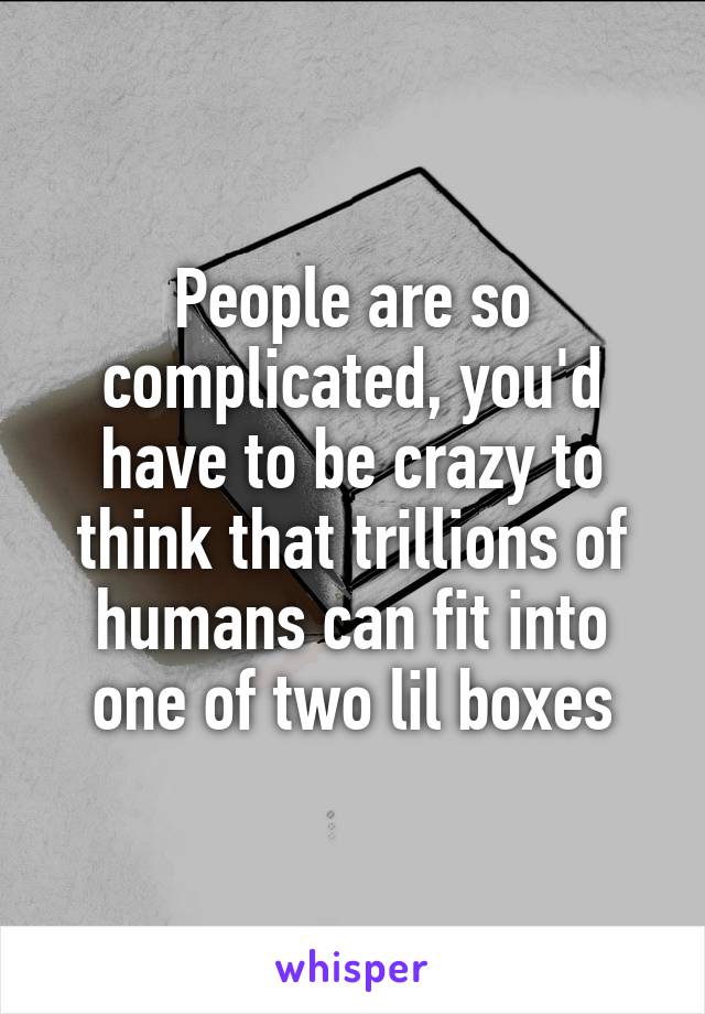 People are so complicated, you'd have to be crazy to think that trillions of humans can fit into one of two lil boxes