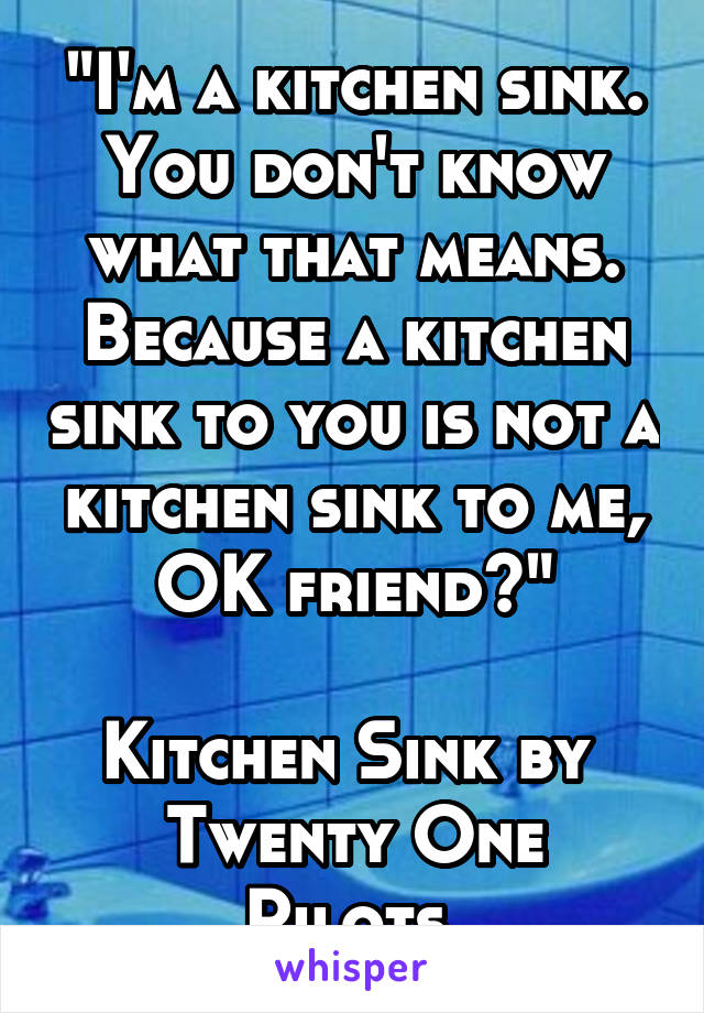 "I'm a kitchen sink. You don't know what that means. Because a kitchen sink to you is not a kitchen sink to me, OK friend?"

Kitchen Sink by 
Twenty One Pilots 