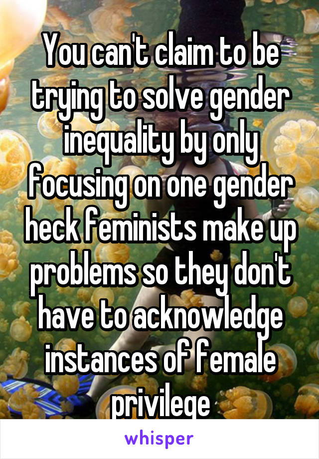 You can't claim to be trying to solve gender inequality by only focusing on one gender heck feminists make up problems so they don't have to acknowledge instances of female privilege