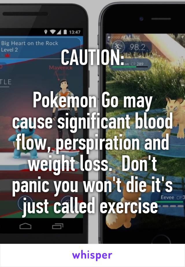 CAUTION:

Pokemon Go may cause significant blood flow, perspiration and weight loss.  Don't panic you won't die it's just called exercise 
