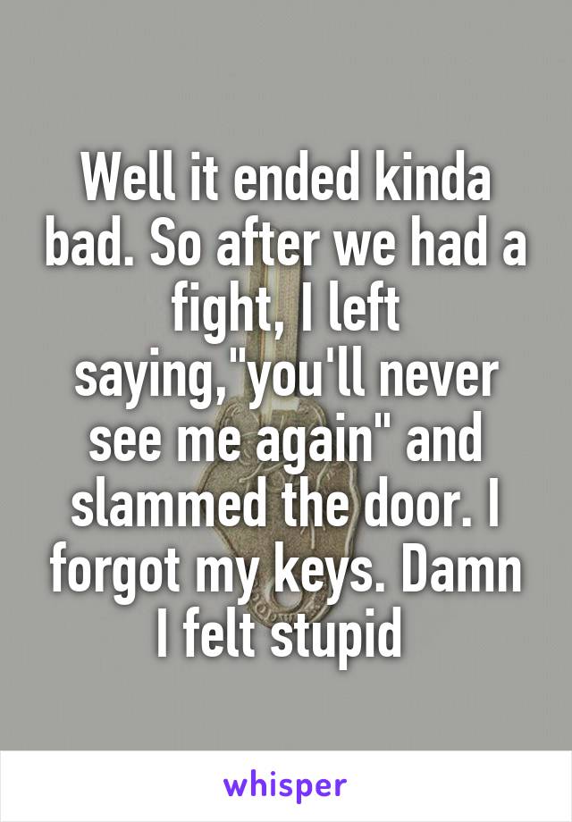 Well it ended kinda bad. So after we had a fight, I left saying,"you'll never see me again" and slammed the door. I forgot my keys. Damn I felt stupid 