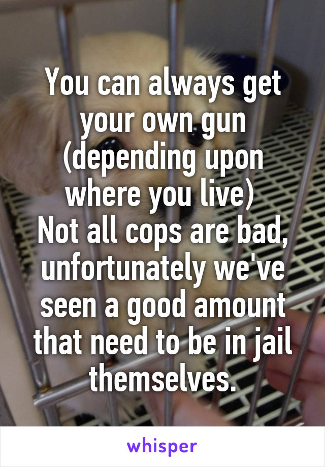 You can always get your own gun (depending upon where you live) 
Not all cops are bad, unfortunately we've seen a good amount that need to be in jail themselves.