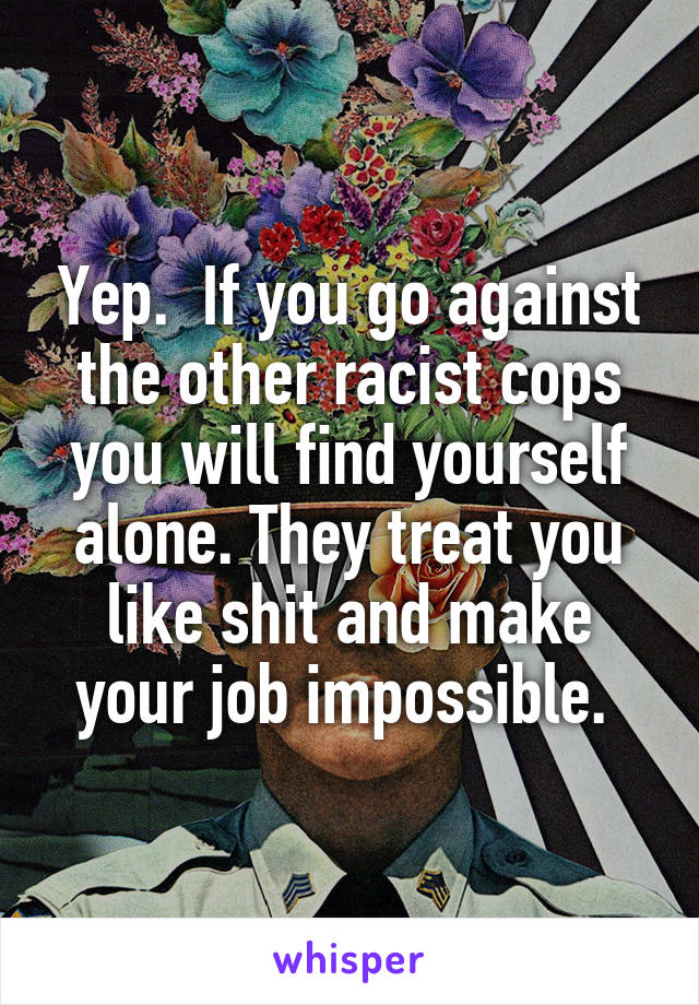 Yep.  If you go against the other racist cops you will find yourself alone. They treat you like shit and make your job impossible. 