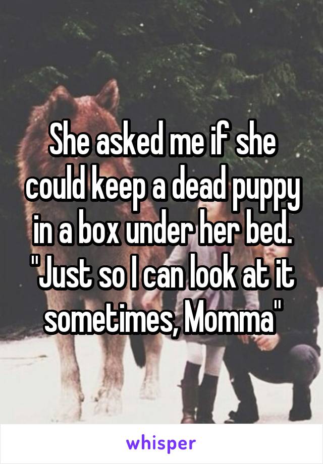 She asked me if she could keep a dead puppy in a box under her bed. "Just so I can look at it sometimes, Momma"