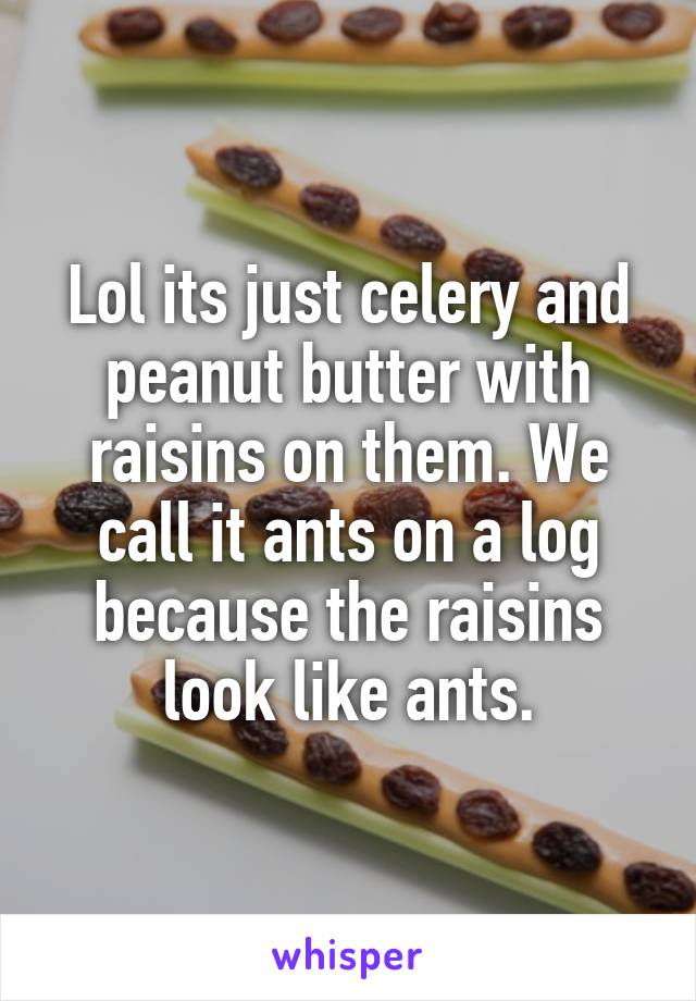 Lol its just celery and peanut butter with raisins on them. We call it ants on a log because the raisins look like ants.