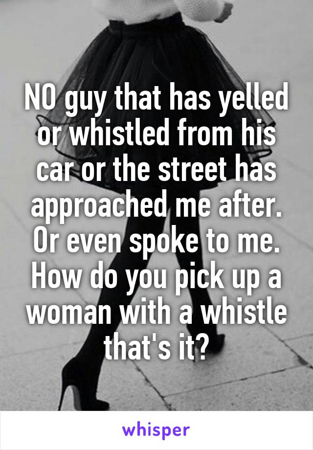 NO guy that has yelled or whistled from his car or the street has approached me after. Or even spoke to me. How do you pick up a woman with a whistle that's it?